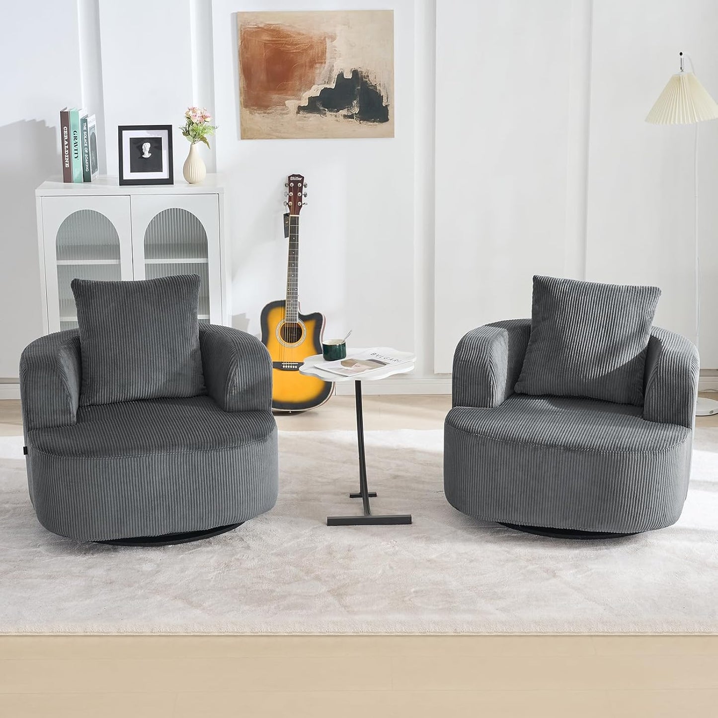 Furnimart 360° Swivel Barrel Accent Chair Set of 2, Round Upholstered Comfy Lounge Chair, Corduroy High-Resilienc Foam Single Sofa, No Assembly Wide Seat for Living Room, Bedroom, Apartment (Gray)