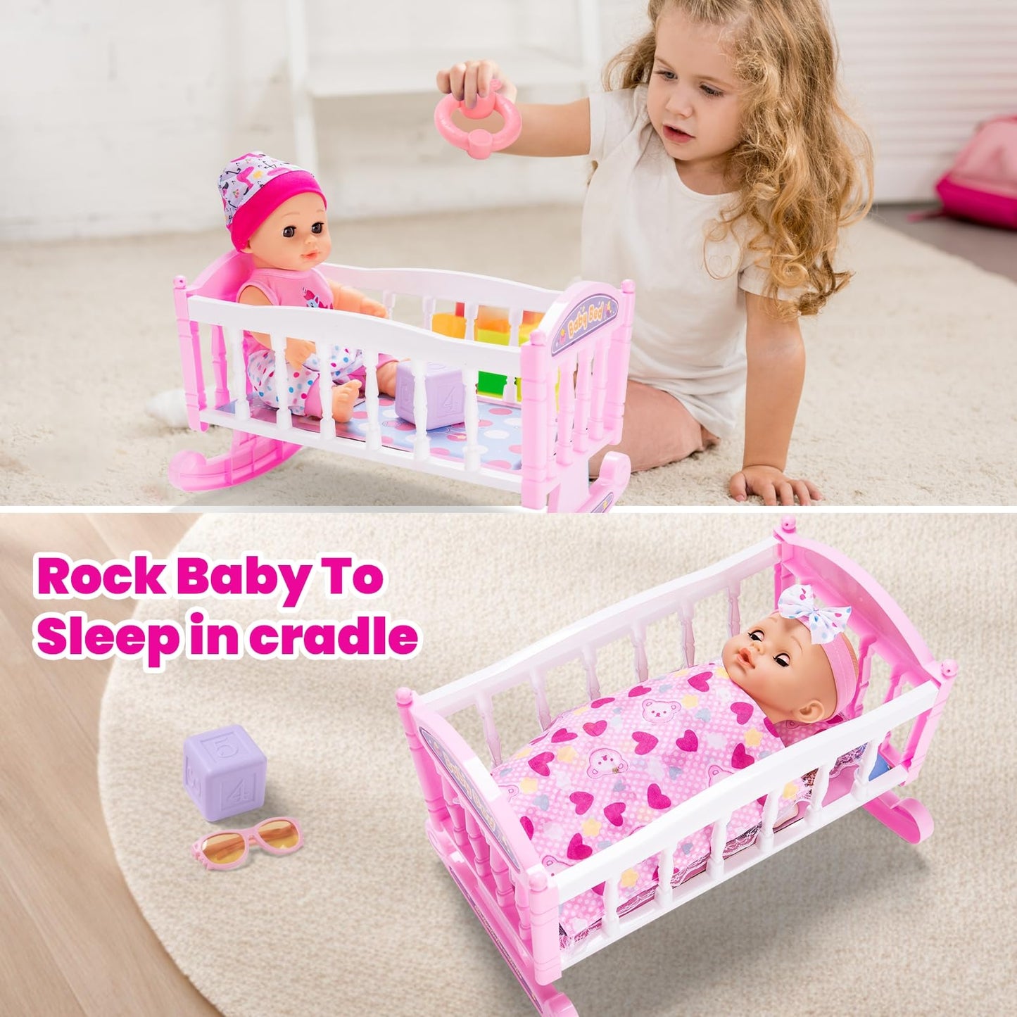gerleek Baby Doll Stroller Play Set with 12.5" Baby Dolls, 28 Pcs Pretend Role Play Doll Accessories Including Crib, Dining Chair, Doll Clothes, Sunglass, Handbag for Girls Toddlers 3-5 4-6 5-7