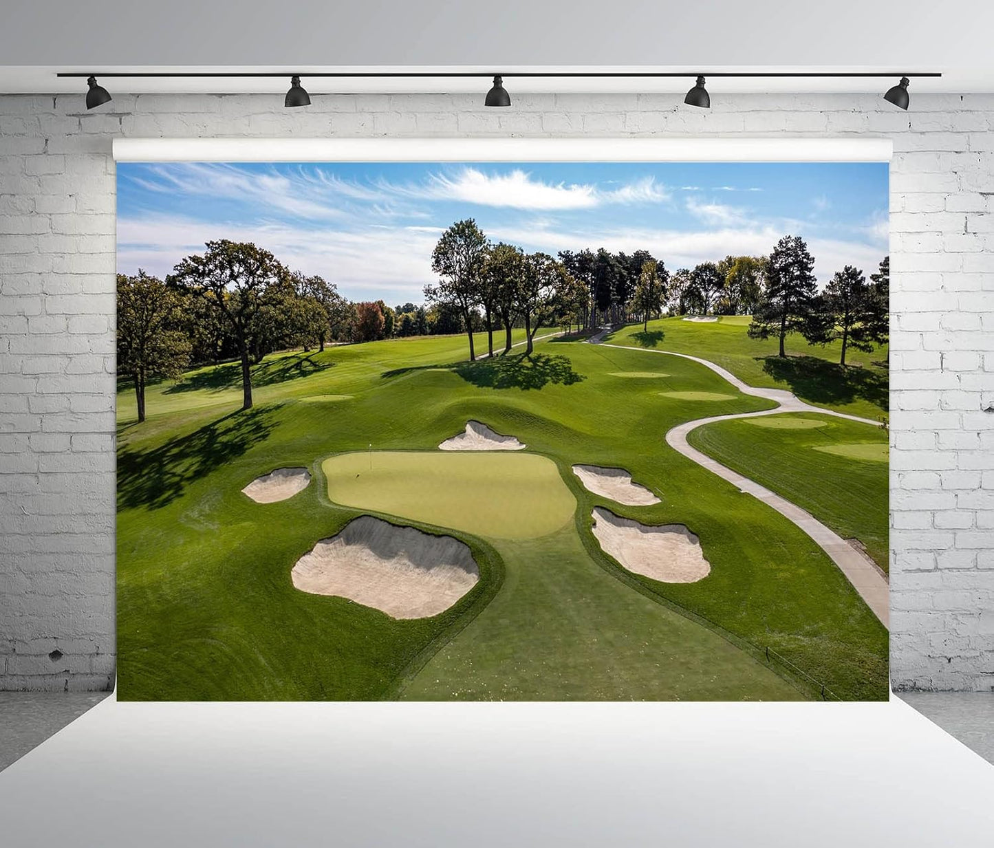 BELECO 20x10ft Fabric Golf Course Backdrop for Photography Green Grass Lawn Bunker Trees Blue Sky White Clouds Outdoor Golf Backdrop Golf Party Decorations Birthday Shoot Holiday Photo Studio Props