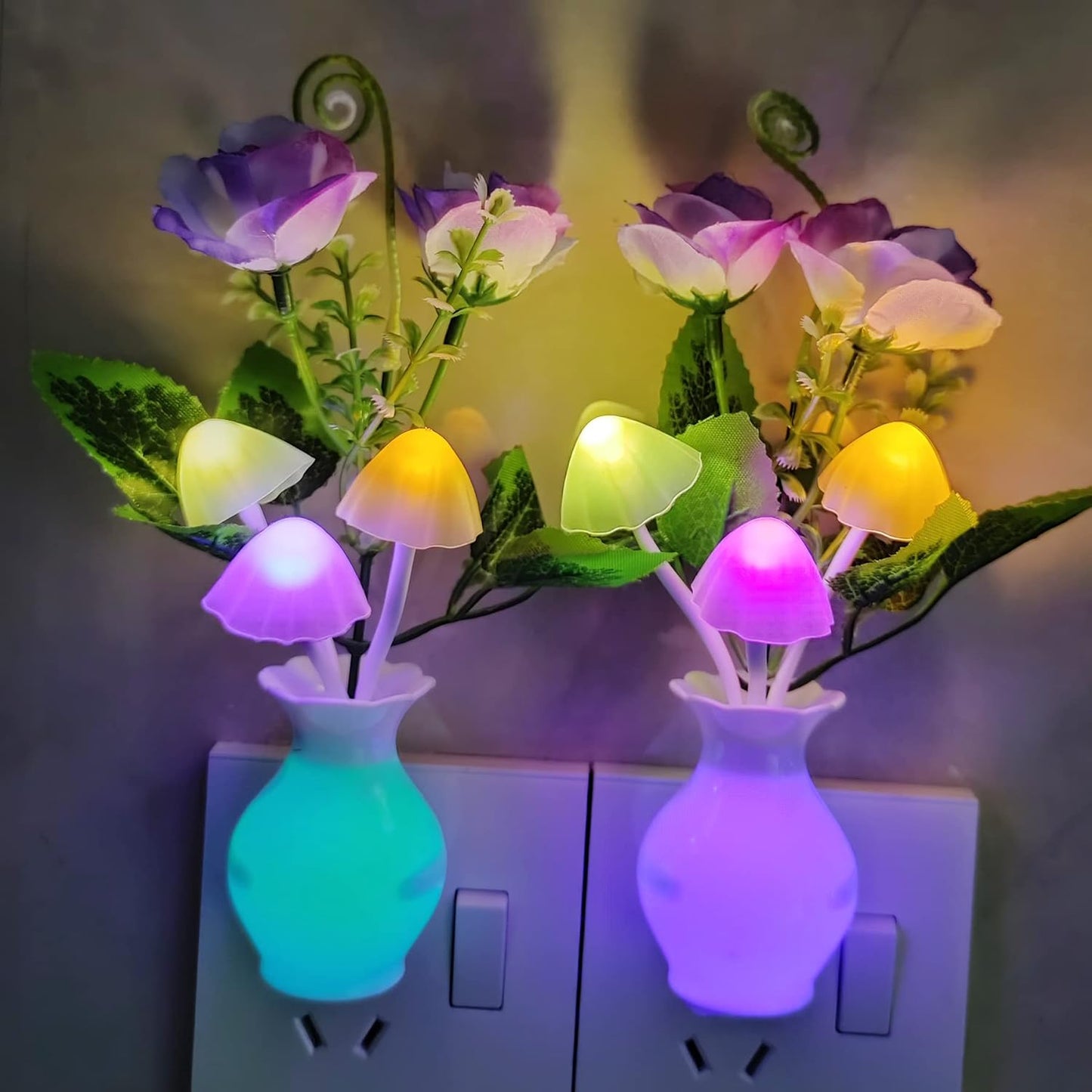 AUSAYE Color-Changing LED Night Light, 1Pack Plug in Dusk-to-Dawn,Home Décor Lamp Dream Nightlight Purple Rose Flower Mushroom Night Light for Kids Adults Bedroom,Bathroom,Stairs, Kitchen,Hallway