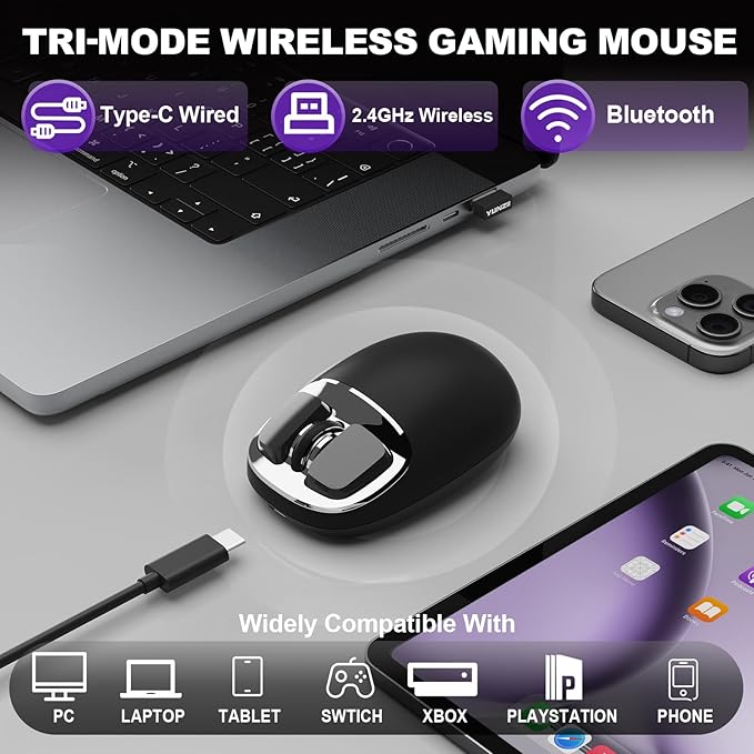 YUNZll C1 Silicone Wireless Mouse, Tri-Mode 2.4G/USB-C/Bluetooth Mouse, 4800 DPl Optical Tracking, 6 Adjustment Levels,Customize Mice for Laptop, Computer, iPad, MacBook (Black Silver)