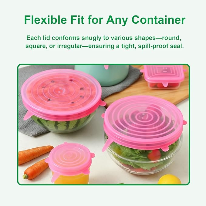 Silicone Stretch Lids – 6 Pack Reusable Food Covers,Flexible Silicone for Bowls, Containers, Fruits – Airtight & Leakproof Seal for Kitchen Storage(pink)