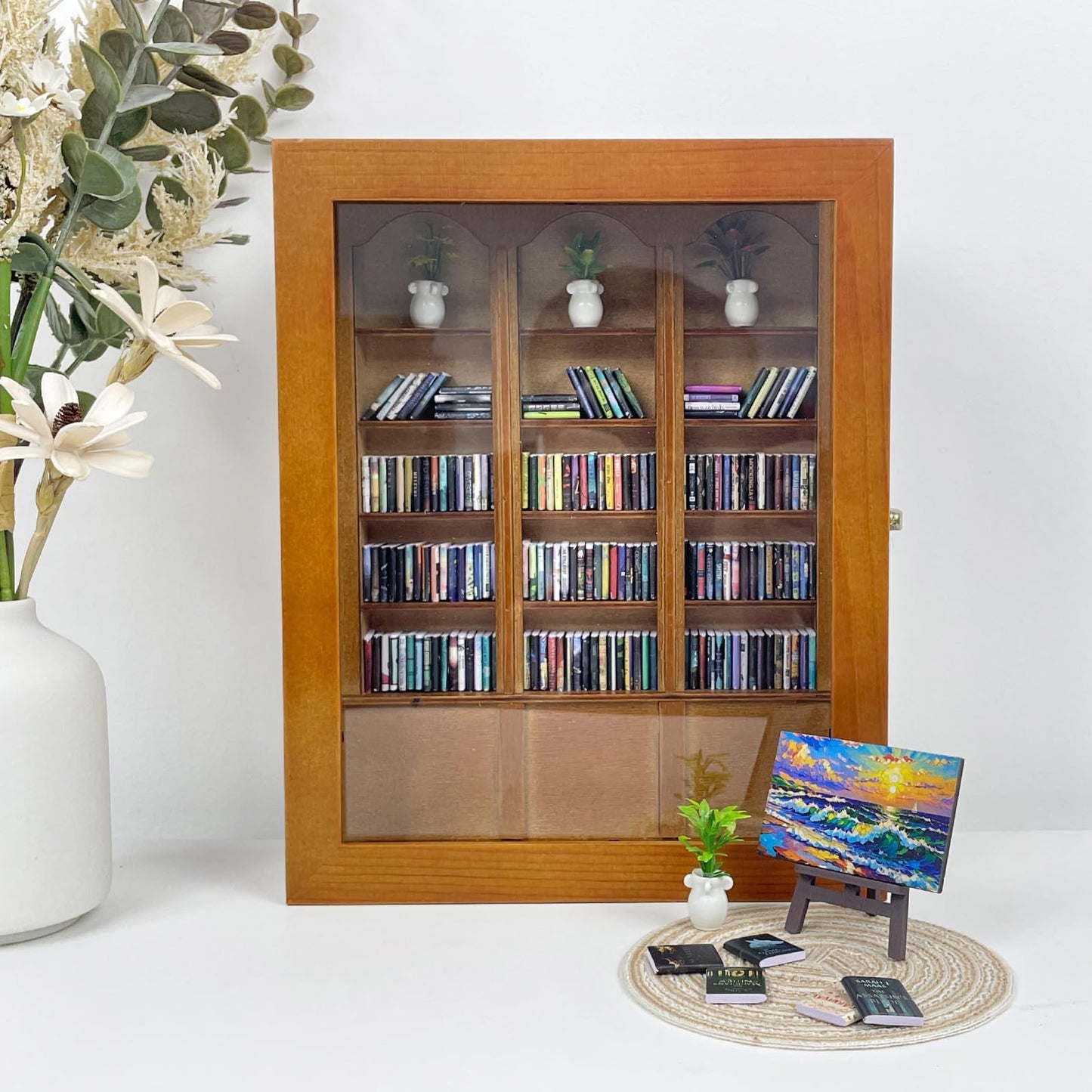 KALOPEZY Mini Bookshelf for Desk with 260 Tiny Books, DIY Anxiety Relief Wooden Book Nook Kit with Side Door, Acrylic Display Case with Easel Plant Rug, Stress Relief Decor Gift for Book Lovers Women