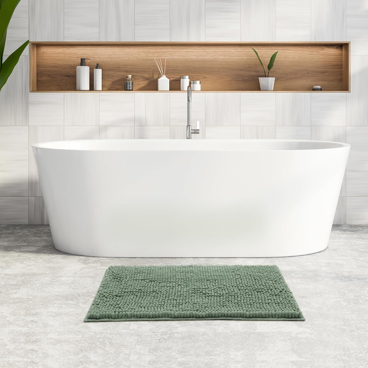 FRESHMINT Chenille Bathroom Rugs Mat 32"x20", Non-Slip Bath Mat for Bathroom Floor & Bathtub, Washable Soft Shower Shag Bath Rugs, Fluffy Thick Water Absorbent Microfiber Shower Mat, Sage Green