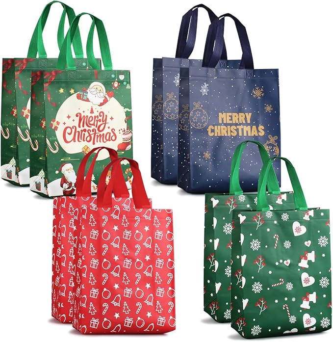 8PCS Christmas Tote Treat Non-Woven Gift Bags with Handles for Gifts Wrapping Shopping, Xmas Party Supplies, 12.2×9.8×4.53inch