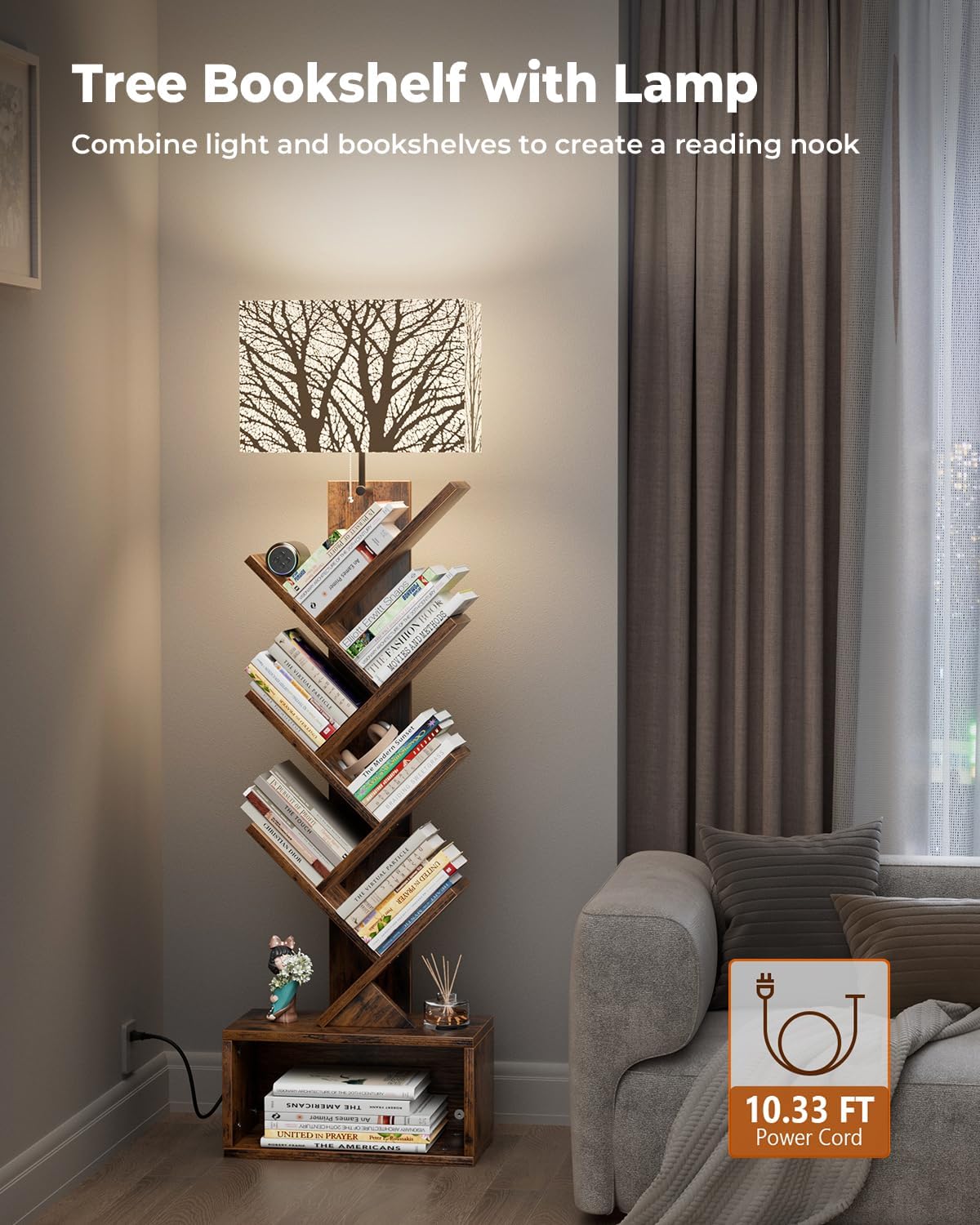 Tree Bookshelf with Light, 6 Tier Small Bookcase, Narrow Floor Standing Book Tower Organizer with Storage Cabinet for Living Room, Bedroom and Home Office, Rustic Brown