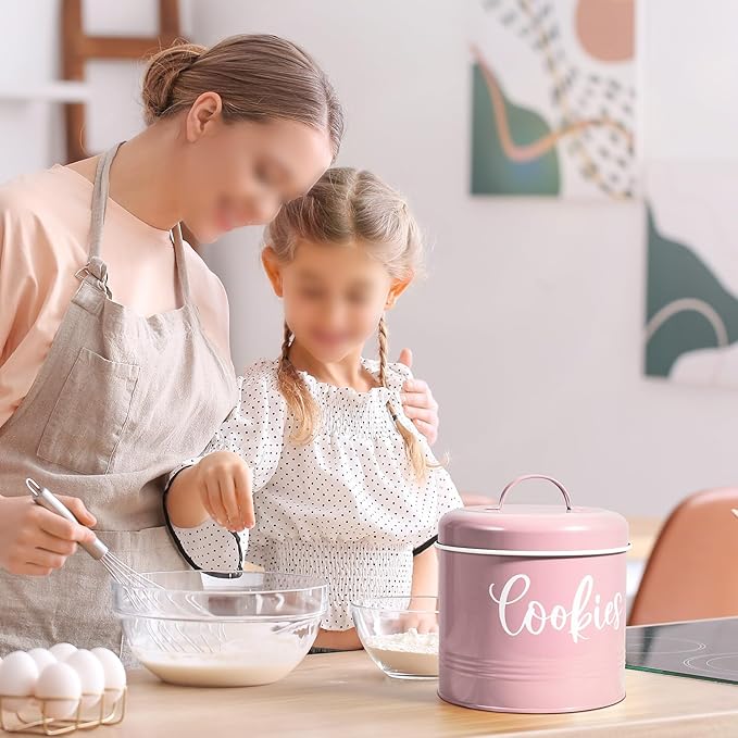 Pink Cookie Jar for Kitchen Counter, 1 Gallon Vintage Cookie Jar with Airtight Lid, Large Food Storage Container for Candy, Cookies, Dessert, Farmhouse Kitchen Decor and Accessories