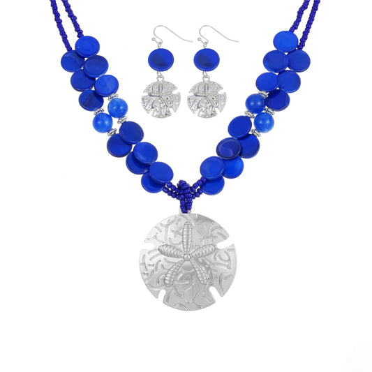Perla Boho Starfish Necklace for Women, Chunky Layered Shell Beads Choker Necklace and Earrings Set, Ocean-Themed Summer Beach Jewelry (Blue)