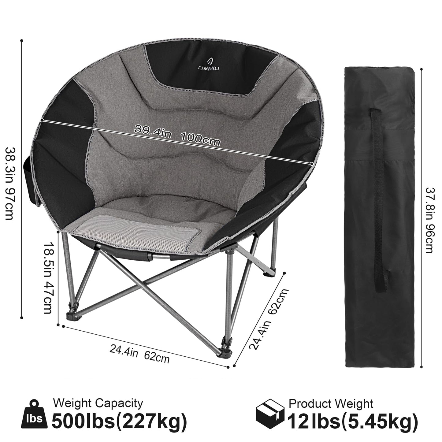 Oversized Camping Moon Chairs,Folding Round Padded Sofa Chair for Adults,Outdoor Lawn Chairs w/Side Pocket,Perfect for Indoor,Family Camping,Picnics and Garden,Black&Grey