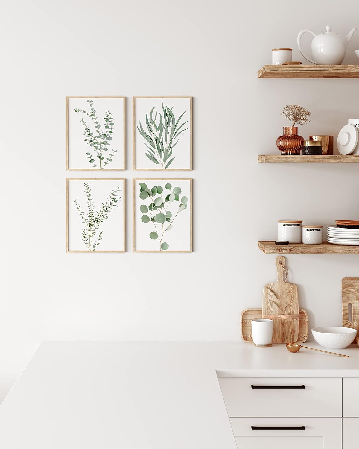 HAUS AND HUES Botanical Plant Wall Art Prints - Set of 4, Plant Wall Decor, Floral Kitchen, Flower Leaves Wall Art, Boho Eucalyptus Decor, Green Botanical Poster (8x10, Beige Frame)