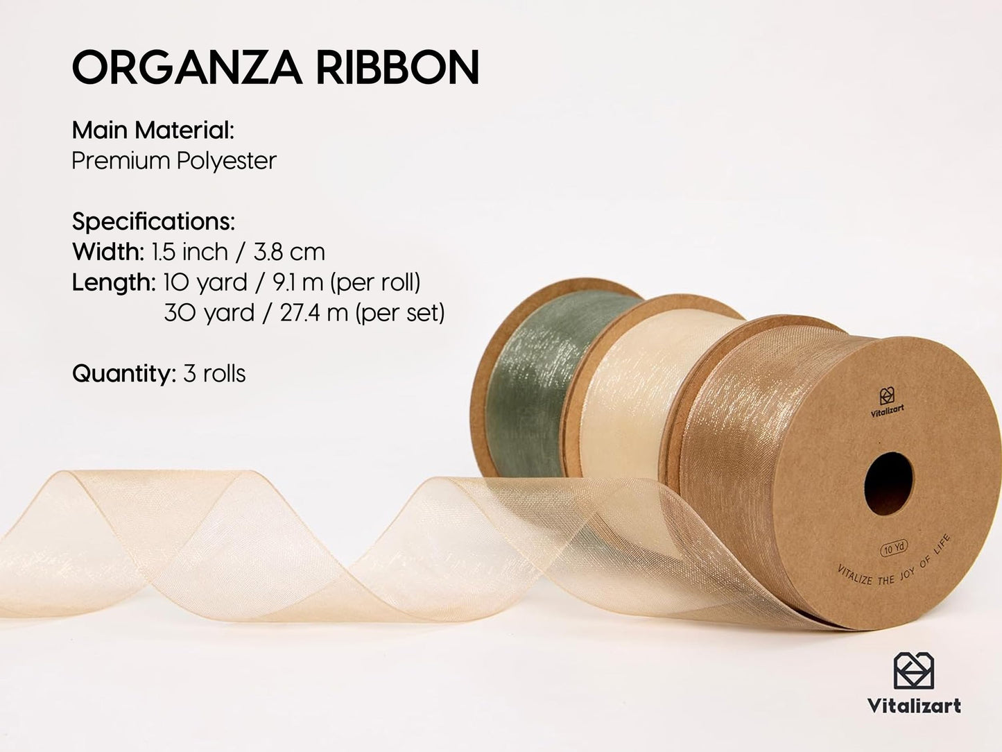 Vitalizart Organza Ribbon 1.5" x 30 Yd Cream White Rose Gold & Dusty Green Sheer Ribbons for Gift Wrapping Crafts Christmas Party Decor Bows Wedding Invitations Wreaths Bouquet