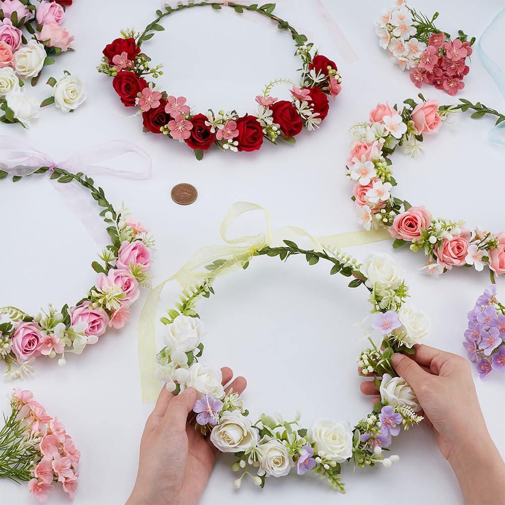 ACRNIGHEET 4 Sets DIY Flower Crown Making Kit, Fairy Party Favors Floral Headband, Make Your Own Crown Garland Headband, Rose Flowr Crowns Kit for Princess Women Wedding Birthday Part