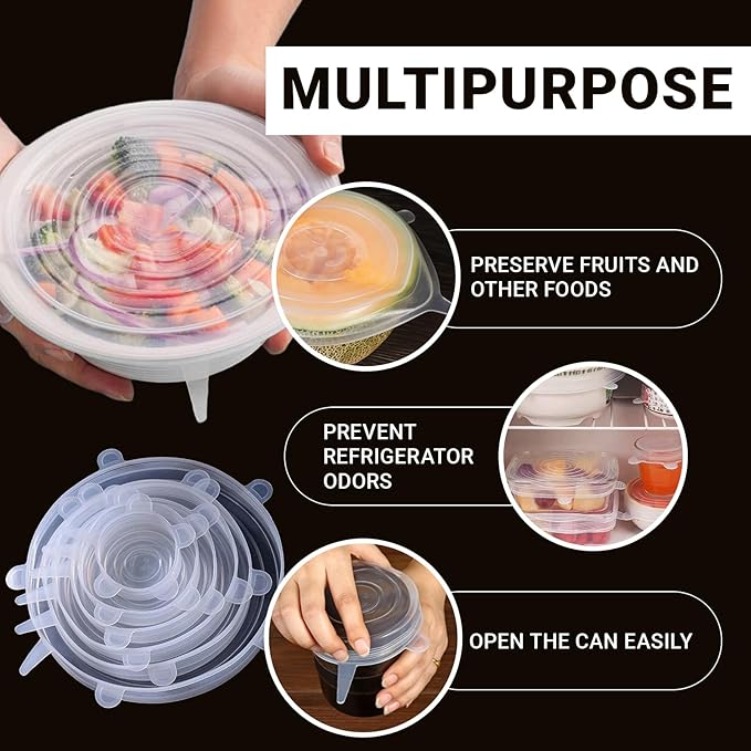 4 Pack 8.1in Reusable Silicone Stretch Lids, Silicone Bowl Covers for Food Storage, Universal Stretchable Lids for Containers Produce, Elastic Expandable Seal Cover, Microwave Freezer Safe