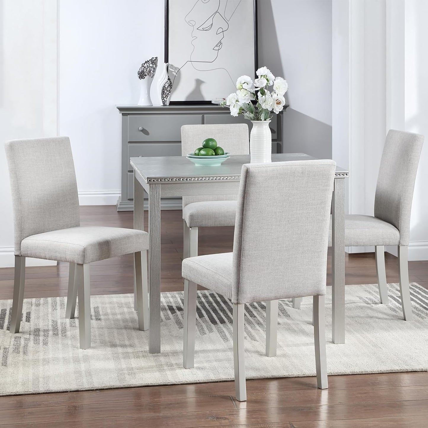 KEIKI 5-Piece Standard Height Dining Table Set with Square Table and 4 Upholstered Chair, for 4 Person, Classic Crystal Decoration Wood Table Set, Easy Assembly, for Kitchen, Dining Room, Silver Grey