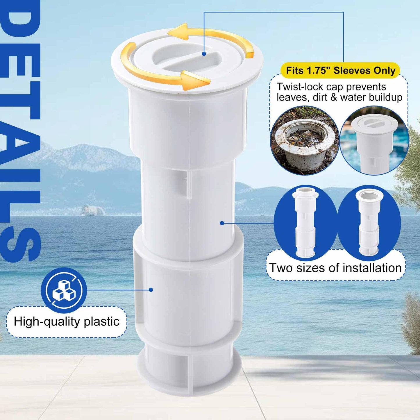 Thyle 1-1/2 Inch Umbrella Sleeve Anchor for Concrete, 4 Sets Heavy Duty PVC In-Ground Pole Holder with Cap, Fits 1.5" to 1.75" Shafts, Patio Umbrella Base Replacement for Flag, Tiki Torch, Volleyball