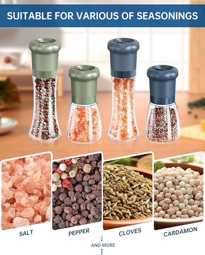 CIRCLE JOY Manual Salt and Pepper Grinder Set For Professional Chef, Refillable Salt and Pepper Shakers with Ceramic Blades, Adjustable Coarseness and BPA-free 180ml Glass Container, Short Green