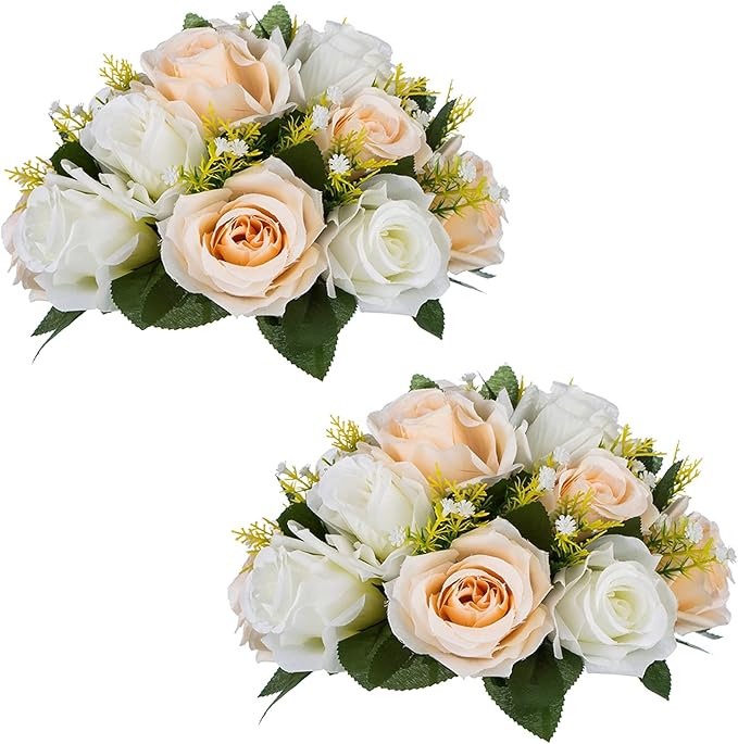 NUPTIO Artificial Flower Centerpieces for Tables: Peachy Champagne & White Flower Ball Arrangement for Wedding Party - 2 Pcs 9.5 Inch Diameter Floral Rose for Bridal Shower Decor