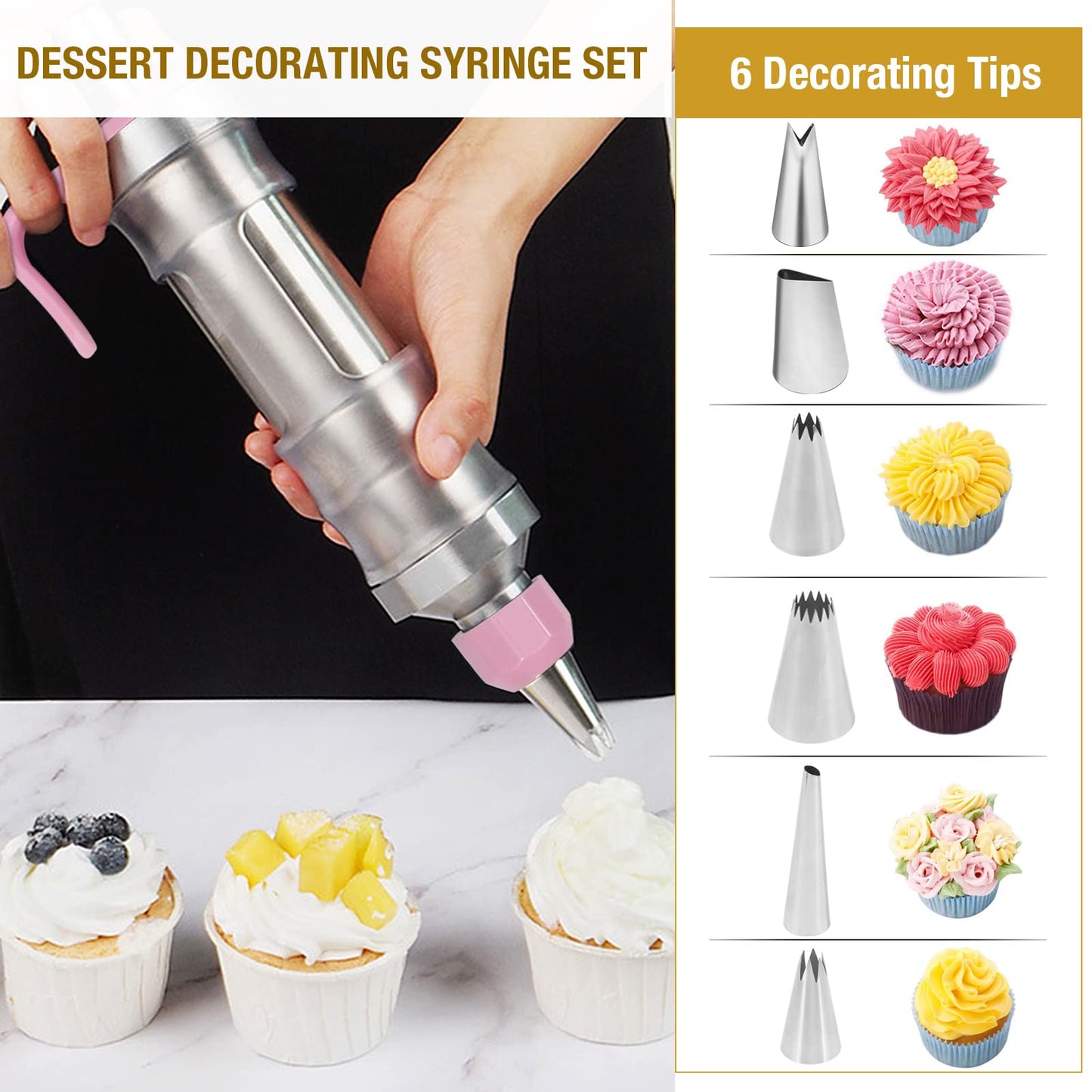 Dualshine Pink Cake Decorating Kit - 6 Russian Piping Icing Nozzles, 3 Cream Scrapers, Stainless Steel Cupcake Frosting Filling Injector