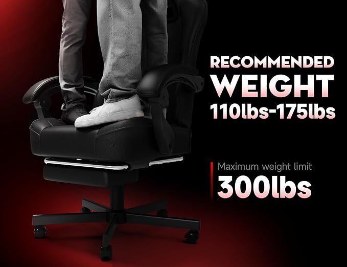 Gaming Chair for Adults with Footrest and Lumbar Support, Height Adjustable Game Chair with 360°-Swivel Seat and Headrest and for Office or Gaming (Black)