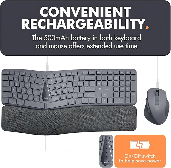 X9 Split Ergonomic Keyboard Mouse Wireless Combo - Type Comfortably Longer - 2.4G/Bluetooth Ergo Keyboard Mouse Wireless, Silent Keys, Wrist Rest, Multi-Device, Rechargeable for Laptop, PC, Mac - Gray