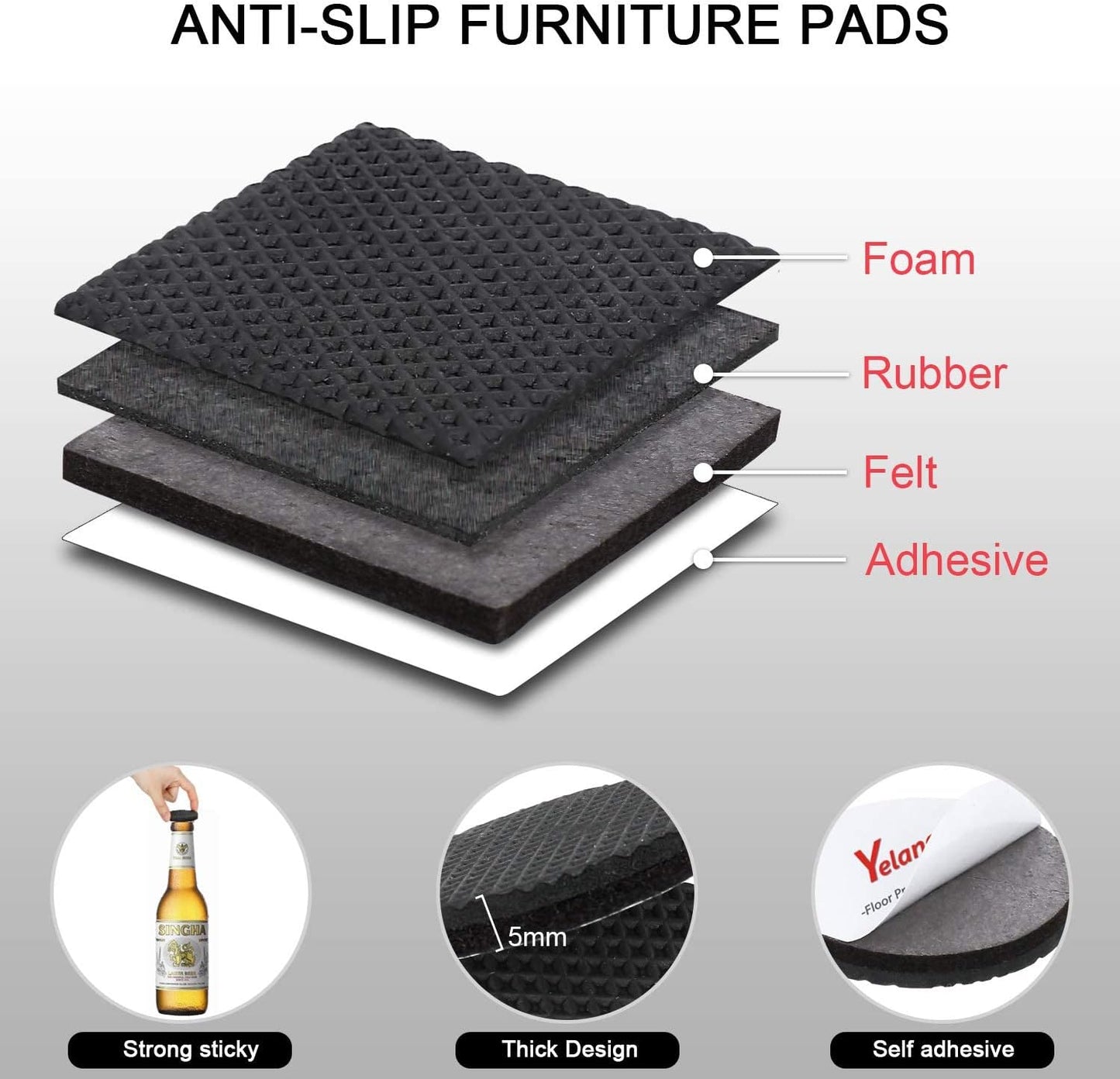 Yelanon Non Slip Furniture Pads -4pcs 6" Furniture Grippers Hardwood Floors, Non Skid for Furniture Legs,Self Adhesive Rubber Furniture Feet, Anti Slide Floors Protectors for Keep Couch Stoppers