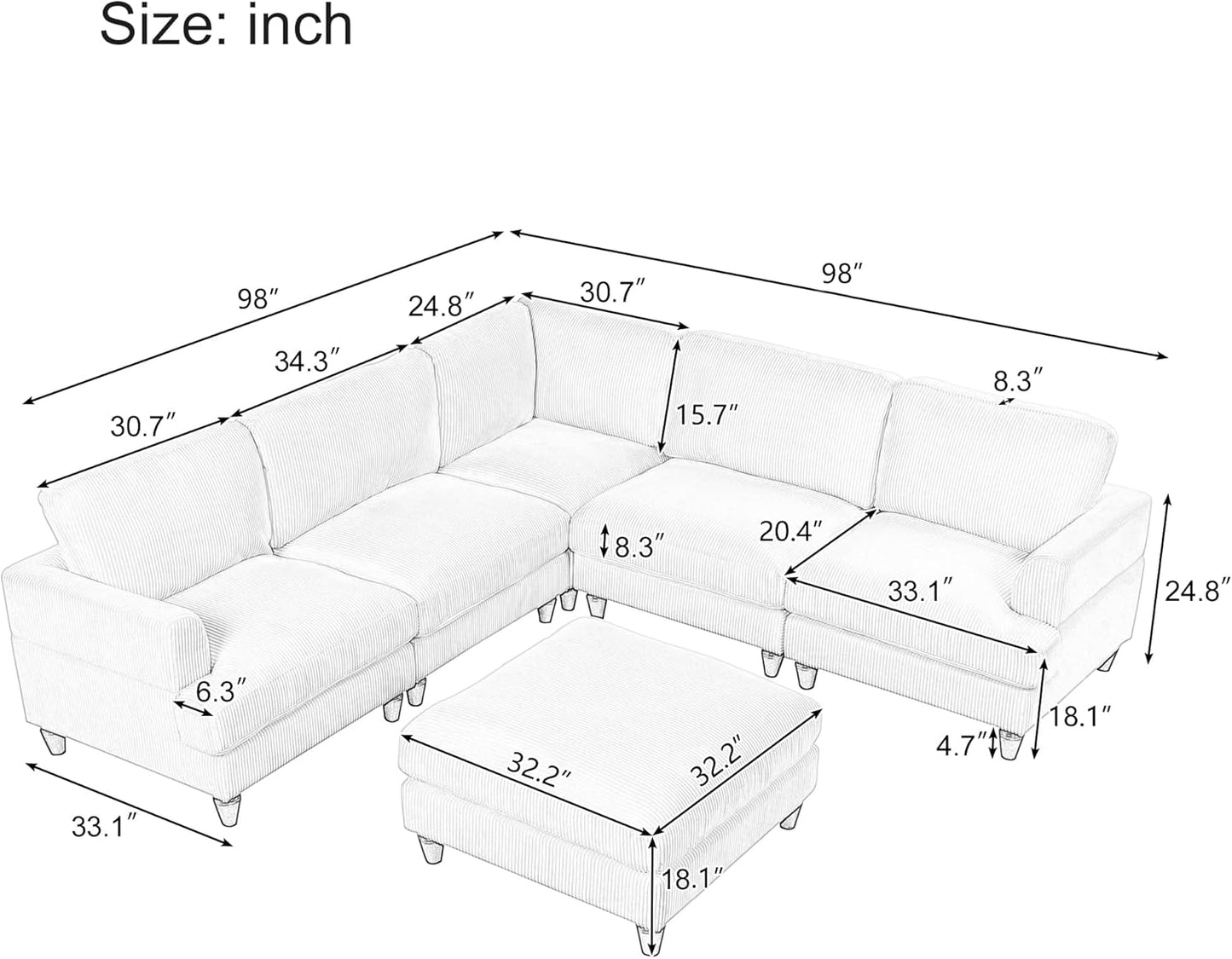Eafurn Free Combination Symmetrical Modular Sectional Sofa with Movable Ottoman,Corduroy Upholstered Convertible Sleeper Couch,6 Seater Oversized Reversible Corner Sofa&Couch for Living Room Office