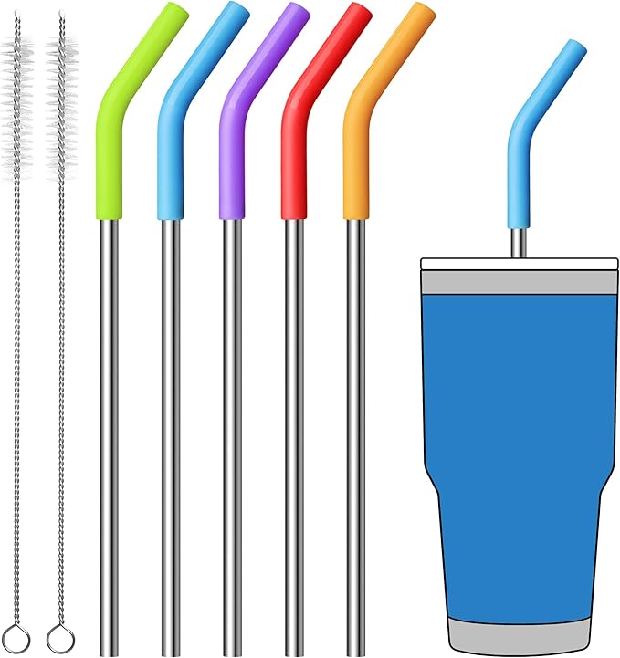 Stainless Steel Straws for 30 oz YETI Tumbler,9.5" Metal Reusable Replacement Straight Drinking Straws for Simple Modern/Meoky 24 oz Tumbler,5 Silicone Tips
