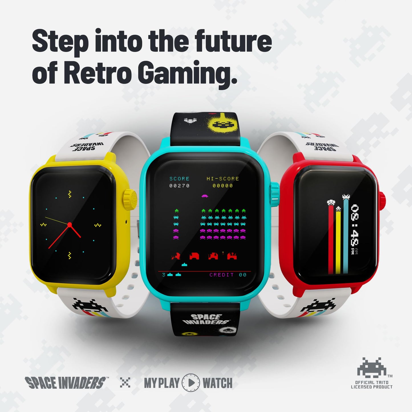My Play Watch Space Invaders Retro Gaming Smartwatch, Selective Tech, Yellow Bezel, Non-Connected, Built-In Space Invaders Game,