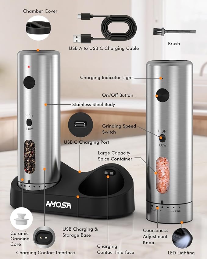 Electric Salt and Pepper Grinder Set, Upgraded 2-Speed Setting, External 6 Adjustable Coarseness, USB C Dual Rechargeable Base, All Stainless Steel Automatic Salt & Pepper Mill Shakers with LED Light