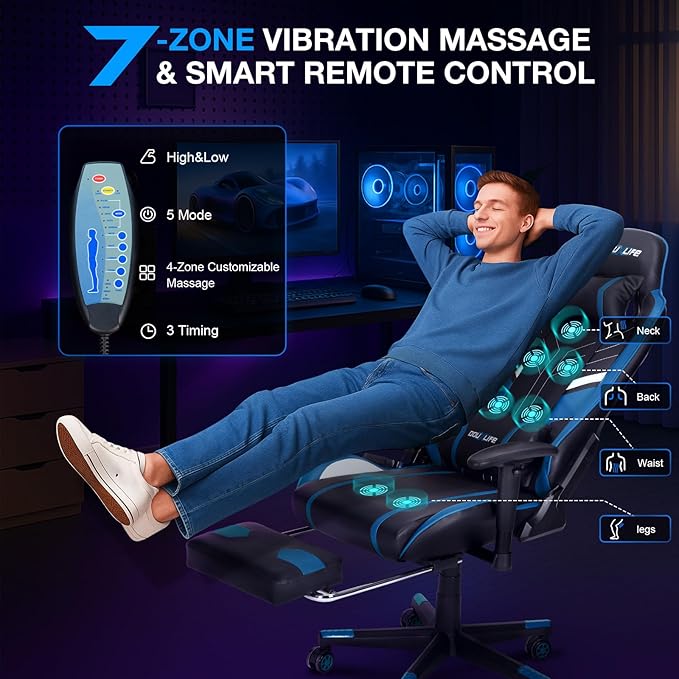 Douxlife Video Gaming Chair with Footrest Lumbar Support, High Back Recliner Height Adjustable Ergonomic Comfy Leather Computer Desk Chair for Home Office Blue