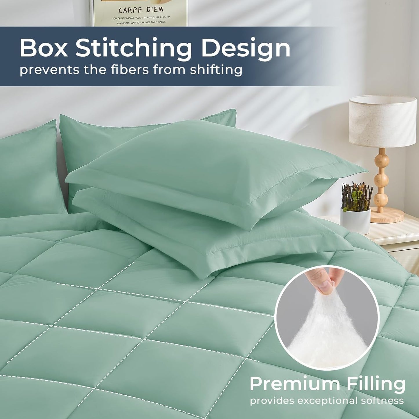 HEVUMYI Sage Green Queen Comforter Set - 7-Piece All Season Bed in a Bag Queen, Ultra Soft Bedding Set with Comforter, Flat Sheet, Fitted Sheet, Pillowcases, Pillow Shams, Sage Green