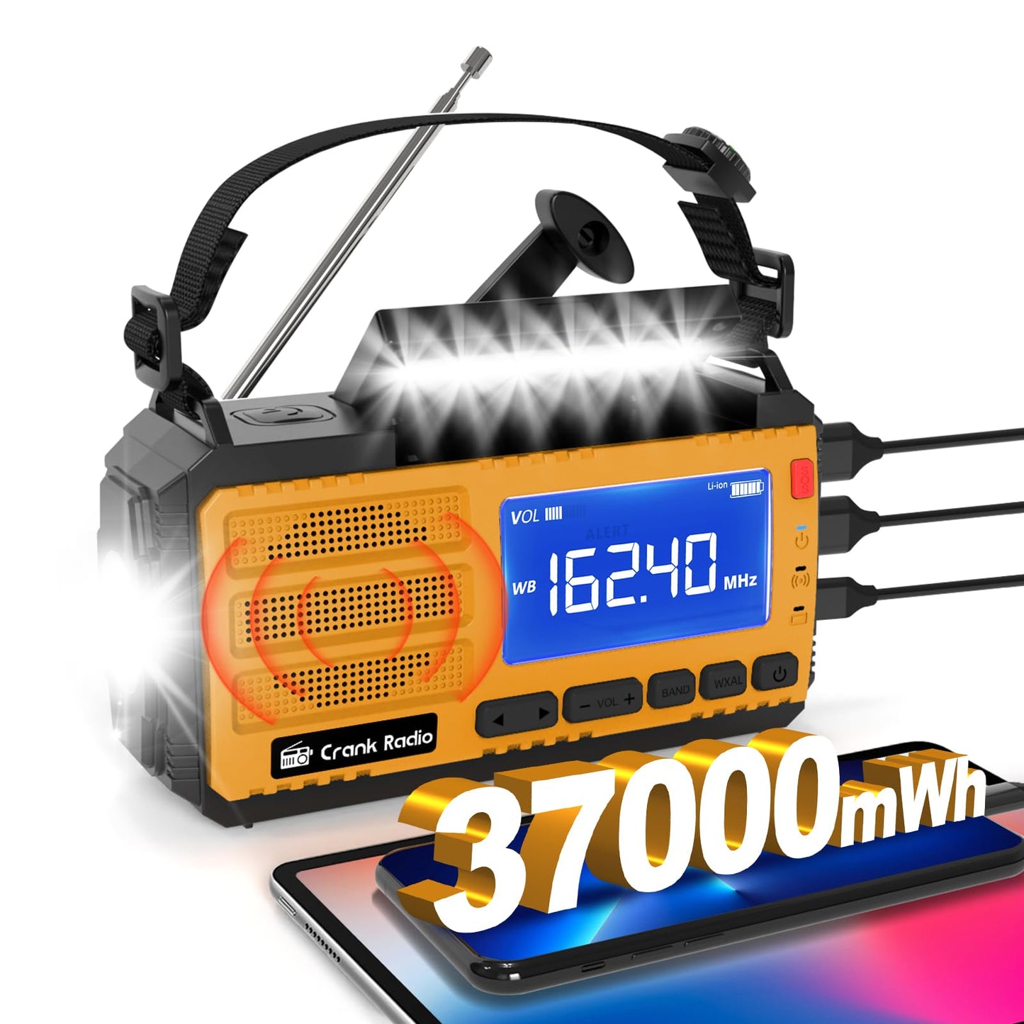 Emergency Crank Radio Solar Hand Crank Emergency Radio 37000mWh (10000mAh) AM/FM NOAA Weather Radio with LCD Display 3 Mode Flas