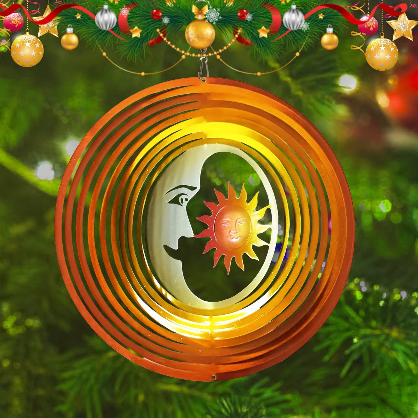 FONMY Wind Spinner 3D Stainless Steel Laser Cut Metal Art 12 inches Moon and Sun Hanging Wind Spinner, Kinetic Yard Art Decorations - Indoor/Outdoor Décor