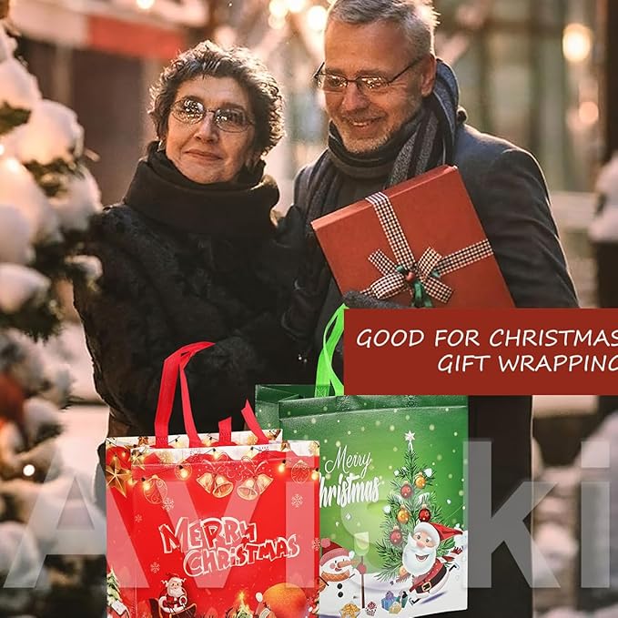 16PCS Christmas Gift Tote Treat Bags with Handles, Multifunctional Non-Woven Bags for Gifts Wrapping Shopping, Xmas Party Supplies, 15×13.8×5.9inch