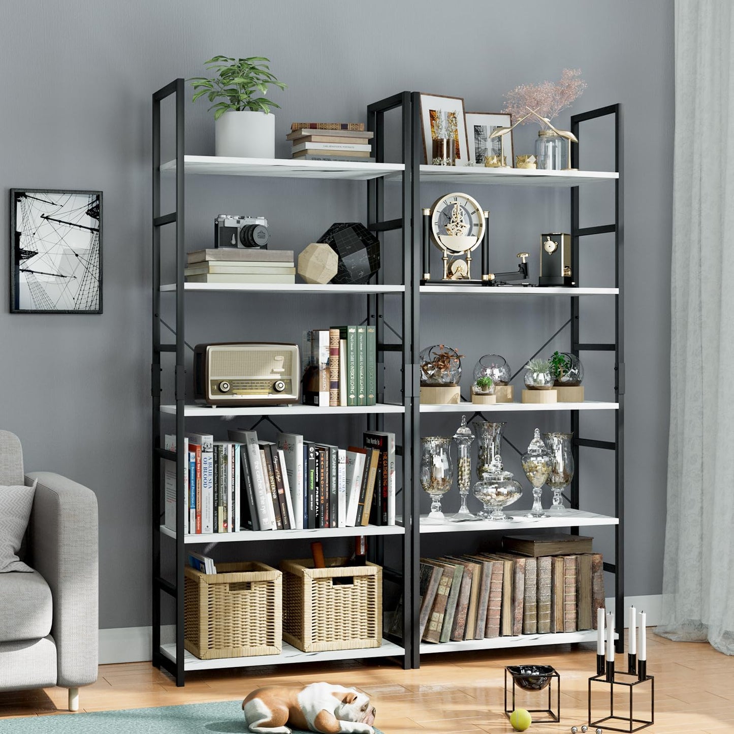 OTK 5 Tier Bookshelf, Tall Bookcase, Office Shelf Storage Organizer, Modern Book Shelf for Living Room, Bedroom, and Home Office, White Marble