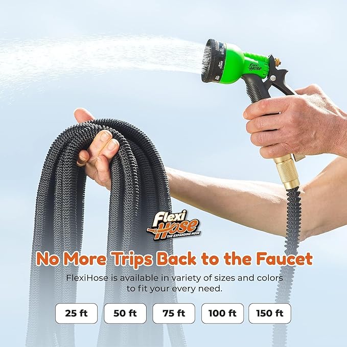 Flexi Hose Plus Expandable Garden Hose with 8 Function Nozzle, 50FT - Lightweight Retractable Garden Hose, Water Hose - No-Kink Flexibility, 3/4 Inch Solid Brass Fittings Includes Hook & Bag
