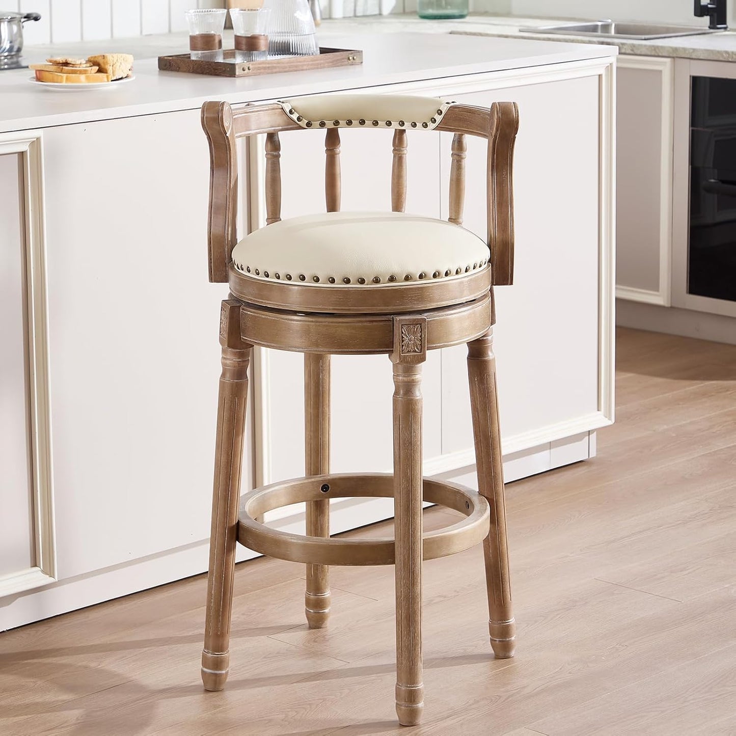 CozyRain Bar Stools Modern Swivel Barstools,Kitchen Counter Genuine Leather Upholstered Vintage Barstool for Home Kitchen Dining Room (Beige, Seat Height 29.5 in)