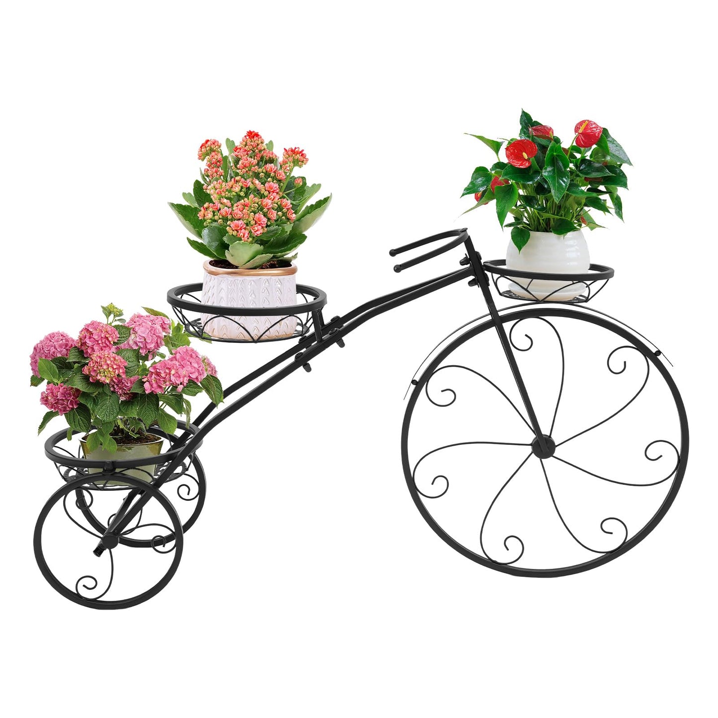 Ginelm 3-Wheeled Plant Stand, 3 Tier Plant Shelf with Baskets, 22 lbs Capacity, Black Modern Bicycle Design Flower Pot Stand for Home, Garden, Porch, for Plant Lovers, Family