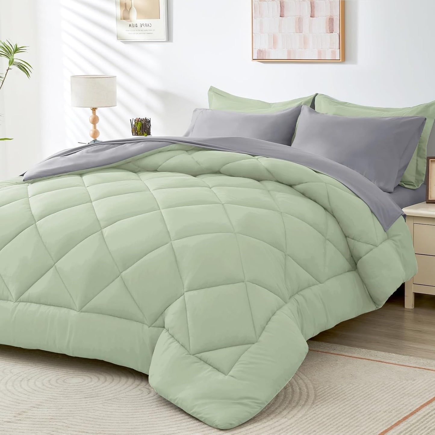 HEVUMYI King Comforter Set - 7-Piece All Season Bed in a Bag King, Ultra Soft Bedding Set with Comforter, Flat Sheet, Fitted Sheet, Pillowcases, Pillow Shams, Sage Green & Light Grey
