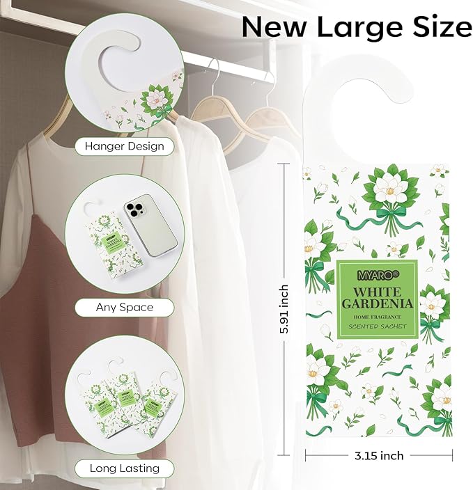 MYARO Large Hanging Sachets Scented for Drawer and Closet, 12 Pcs Potpourri Bags Long Lasting Air Freshener for Home Car House (White Gardenia)