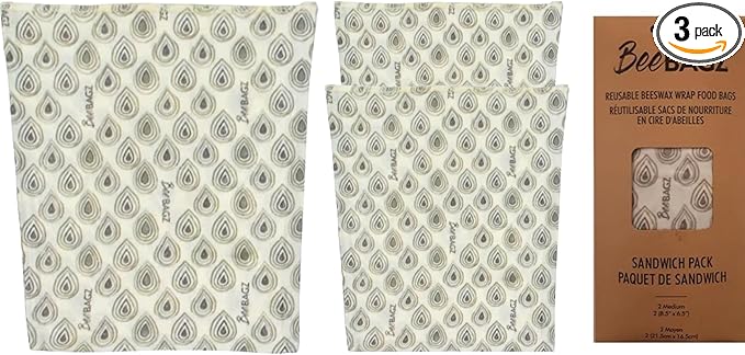 BeeBAGZ - Beeswax Wrap Storage Bag, Reusable Food Storage Bags, Pack of 3, Plastic Free Biodegradable Food Wrap Alternative, Lunch Pack, 2 Small + 1 Medium, (Grey)