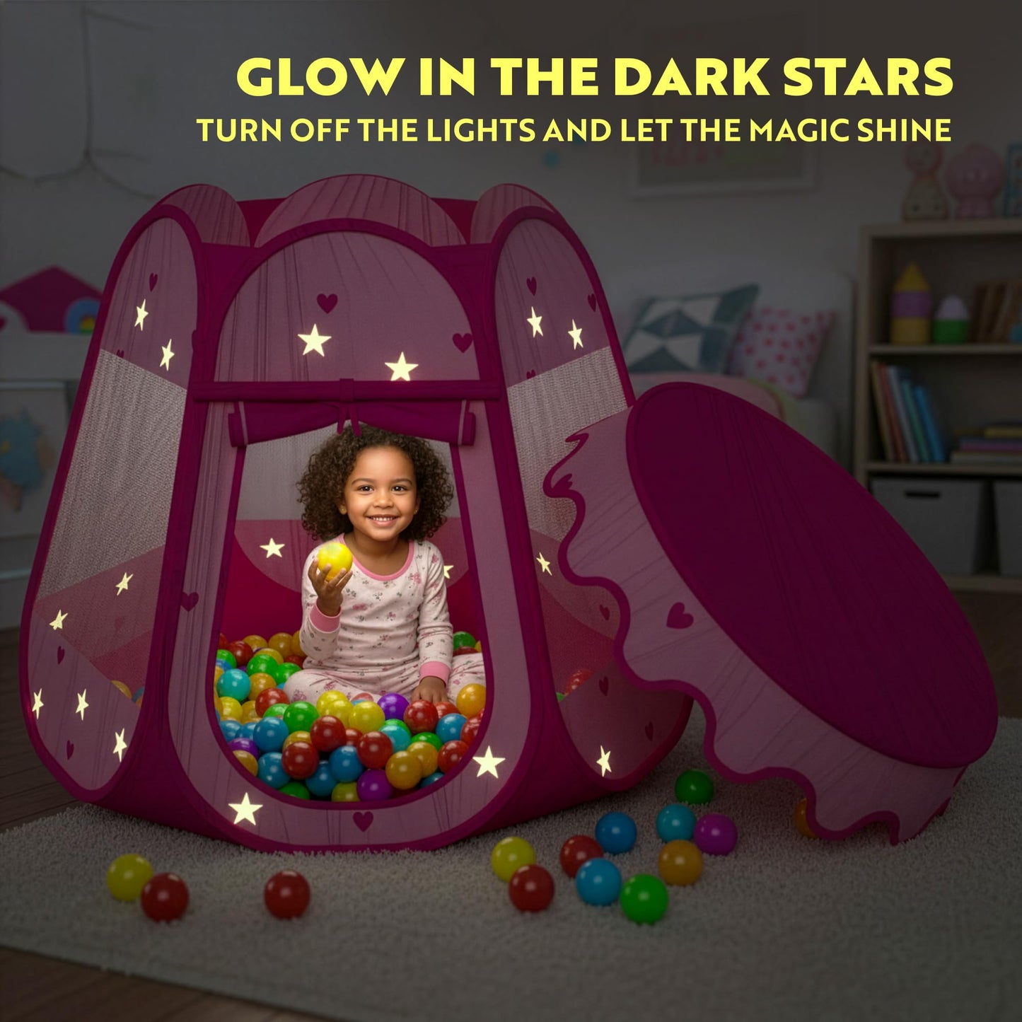 Playz Ball Pit Princess Castle Play Tent for Girls w/ 50 Balls Included - Pop Up Children Play Tent for Indoor & Outdoor Use - Playland Playhouse Tent w/ & Glow in The Dark Stars & Zipper Storage Case