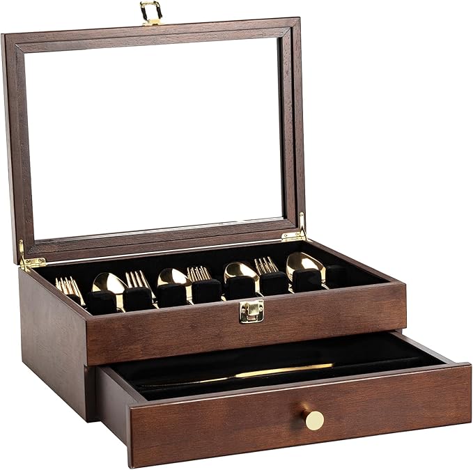 Silverware Box, 2-Layer Wooden Silverware Storage Box with Glass Lid, 14.5×10.6 Inches Luxury Style Decor Flatware Storage Case for Fine Flatware & Utensils, Gift Idea (Walnut)