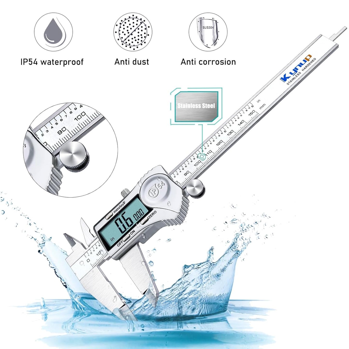 Kynup Digital Caliper, Caliper Measuring Tool Outside Micrometer, Vernier Dial Caliper, 6 Inch Caliper DIY Tool, Stainless Steel, IP54 Splash Proof, Inch Metric Fraction Switch, Large LCD Screen
