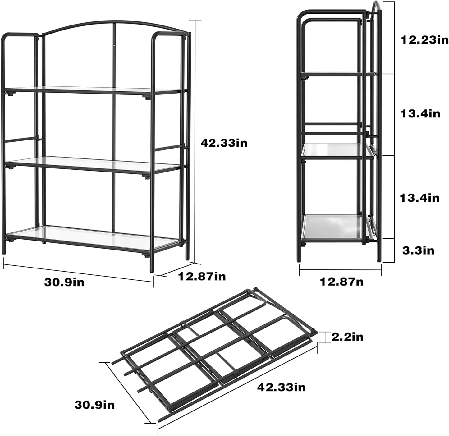 Crofy No Assembly Folding Bookshelf for Living Room, 3 Tier Black Collapsible Book Shelf for Home Office, Portable Bookcase Storage Organizer