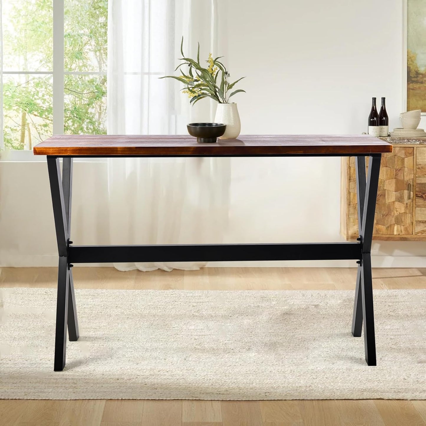 Bar Table, 47.24"L×41.33"H Bar Height Pub Table High Top Rectangular Sofa Console Table Kitchen Dining Coffee Table, for Narrow Space, Living Room, Indoor, Rustic Brown Wood, Industrial Black Metal