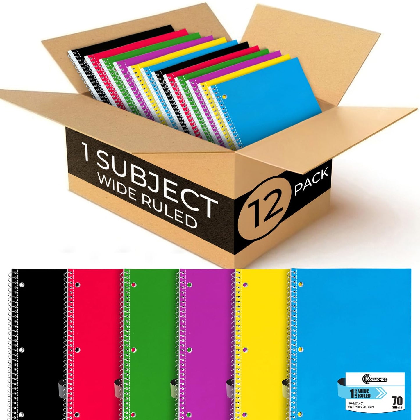 Rosmonde Spiral Notebooks, 12 Pack, 1 Subject Notebook, Wide Ruled, 70 Sheets, 8 x 10-1/2", 3 Hole Punched, School Supplies, Bulk Single Subject Spiral Notebook Bulk, Assorted Colors Pack of Notebooks