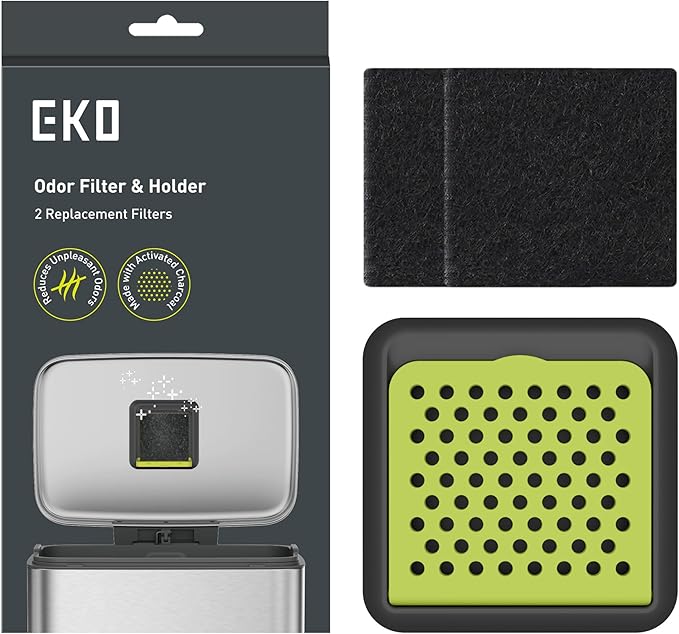 EKO Activated Charcoal Odor Filter Kit – 2-Pack Strong Odor Absorber and Deodorizer with Filter Case for Trash Cans