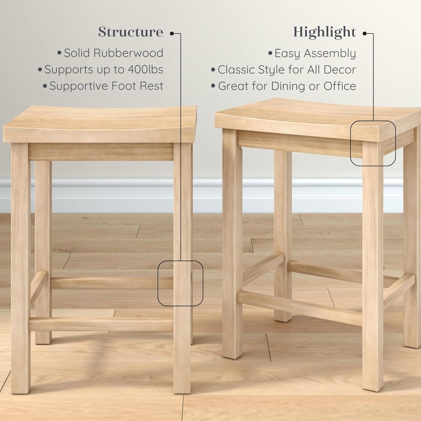 Grain & Grove Smith Collection Set of 2 Solid Wood Counter Height Bar Stools, 24-Inch Saddle Seat Backless Stools, Ideal for Kitchen Island, Dining, or Home Bar Seating, Blonde
