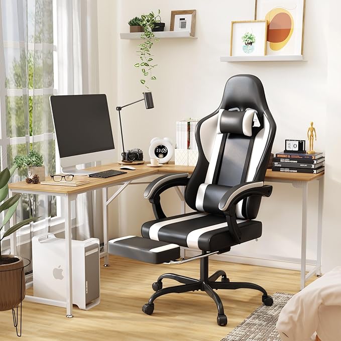 Gaming Chair with Footrest and Massage Lumbar Support, Height Adjustable Game Chair, Video Gaming Chair for Gaming Room, Living Room and Office - Black/White